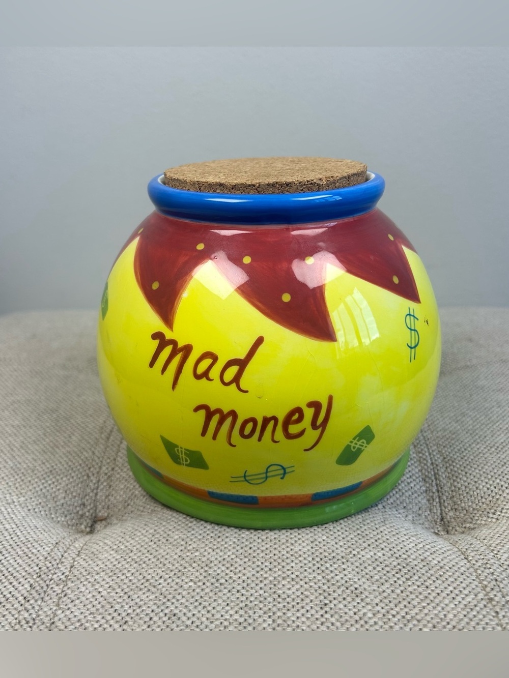 Gallery Hand Painted Mad Money Bank Jar Cork Stopper 5 in. Money $$ EUC